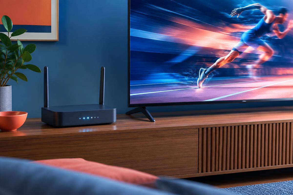 Home router beside a television showing live sport